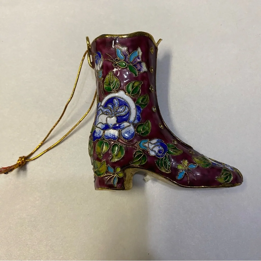 Vintage Cloisonné Shoe Boot Figurine Ornament Enamel Floral Decorative